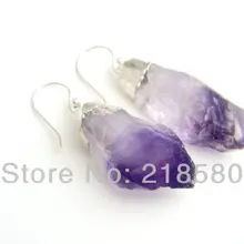 H-QE01 5 пар/лот камень слуха стерлингового серебра необработанные кристаллы аметиста точка висячие серьги