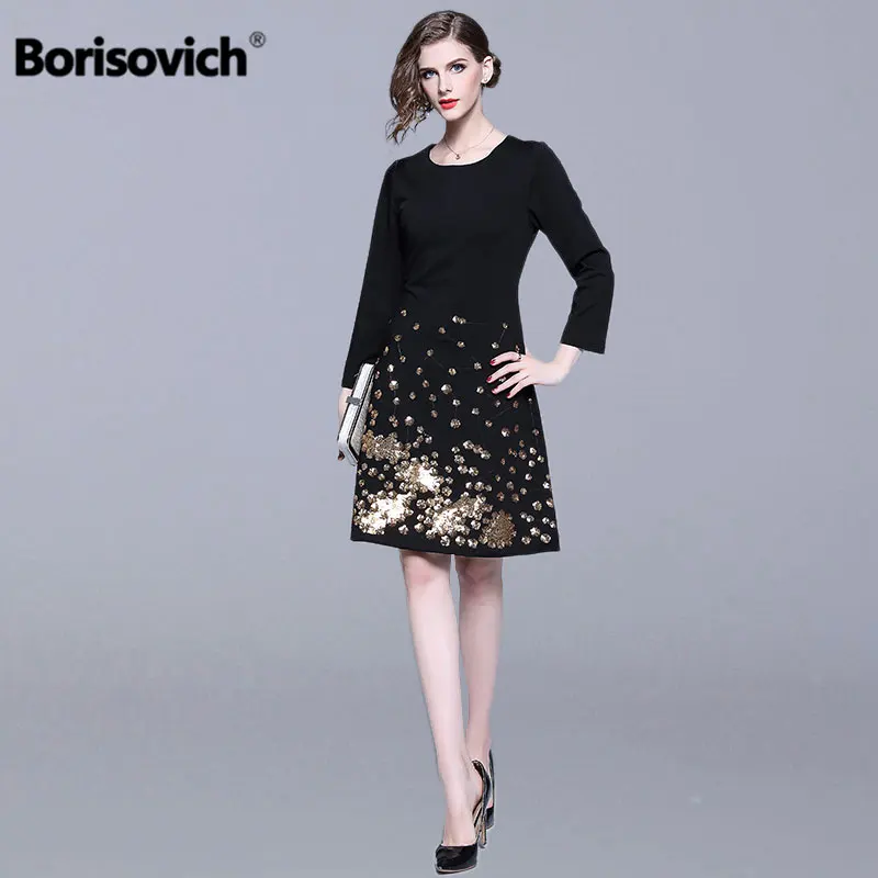

Borisovich Women Black Casual Dress New Brand 2019 Spring Fashion Paillette Knee-length A-line Elegant Ladies Party Dresses N431