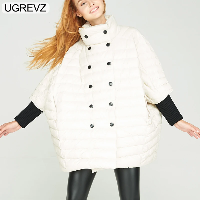 UGREVZ 2018 Ultra Light Down Parka Women Cloak Coat Loose Warm Fashion Knitting Spliced Bat Sleeve Solid Duck Down Jacket Female Coats