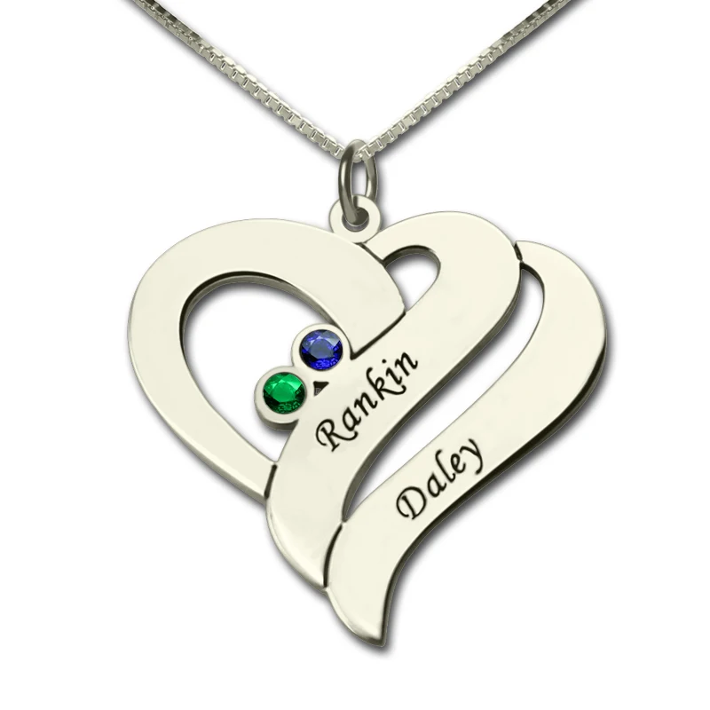

AILIN Personalized Two Name Hearts Necklace Engraved Initial Hearts Mother Birthstone Silver Mother Necklace Christmas Gift