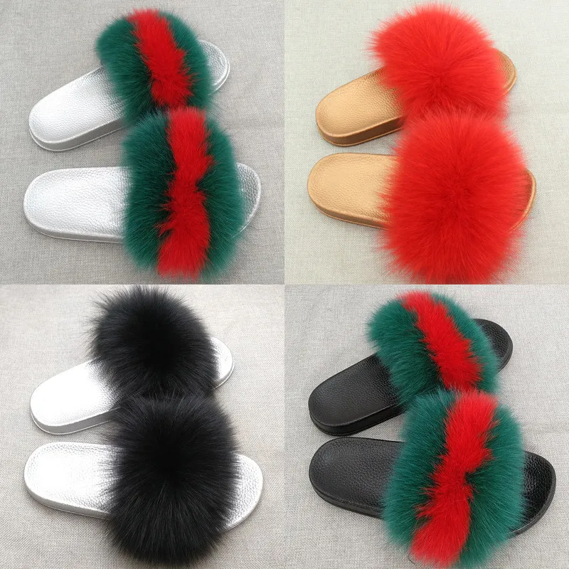 

2018 New Summer Women's Fox Hair Slip Real Fox Hair Slide Women's Furry Indoor Slippers Casual Beach Sandals Plush Shoes #19