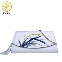 Pmsix 2017 nueva noche de las mujeres bolsos de embrague de la cadena de moda bolso de cuero partido de la vaca de hombro flap bag bolso bordado étnico de china