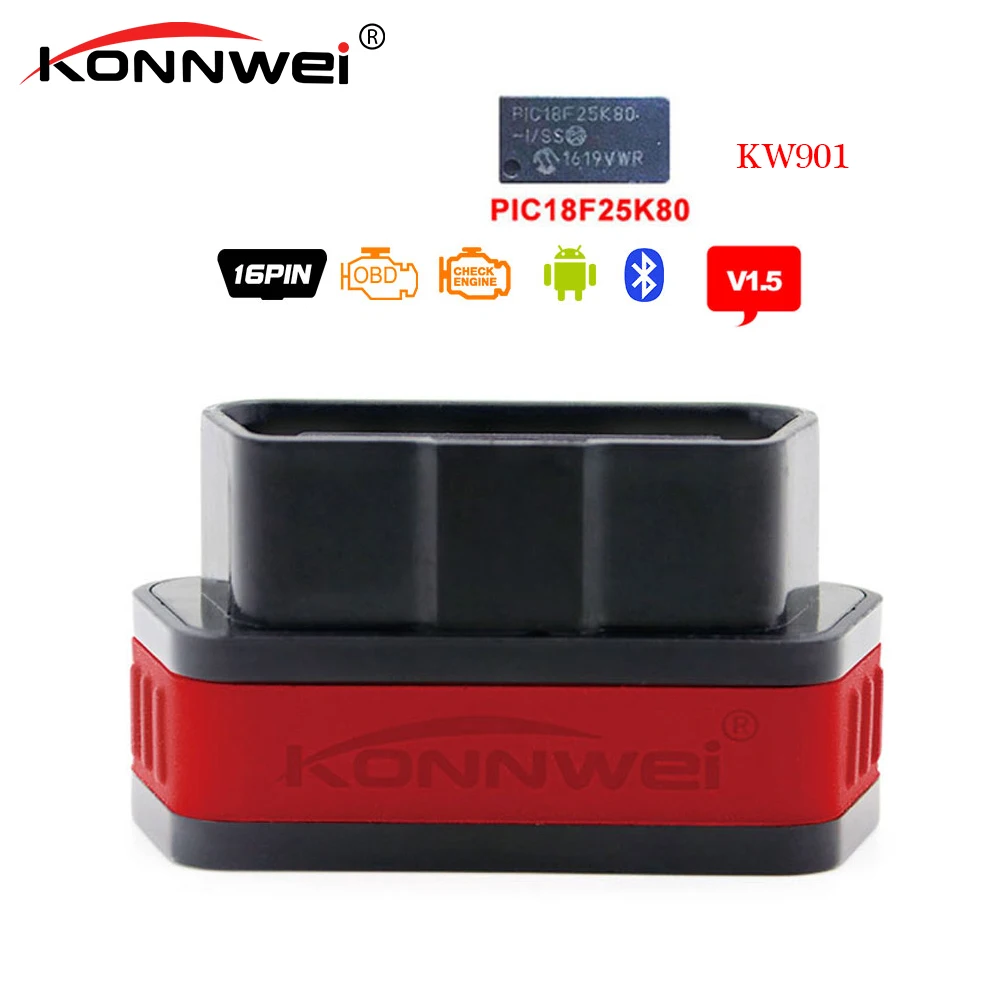 

Konnwei KW901 elm 327 obd2 Bluetooth V1.5 Pic18f25k80 Chip OBD2 bluetooth Code Scanner Reader Diagnostic tool Torque For Android