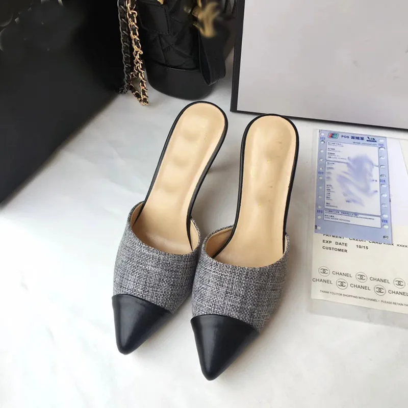 

Early spring new pointed high-heeled slippers sexy Baotou with colored beads and thin-heeled semi-slippers luxury shoes women