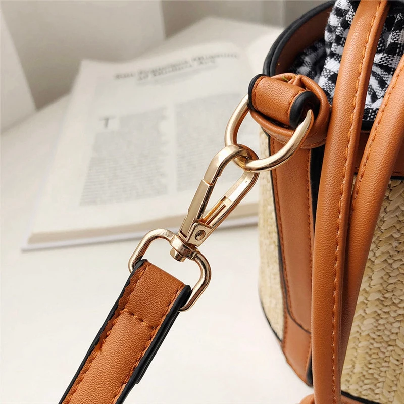Women Summer Retro Shoulder Bag Weave Lattice Bucket Straw Cylindrical Messenger Bag Beach Drawstring Plaid Handbag