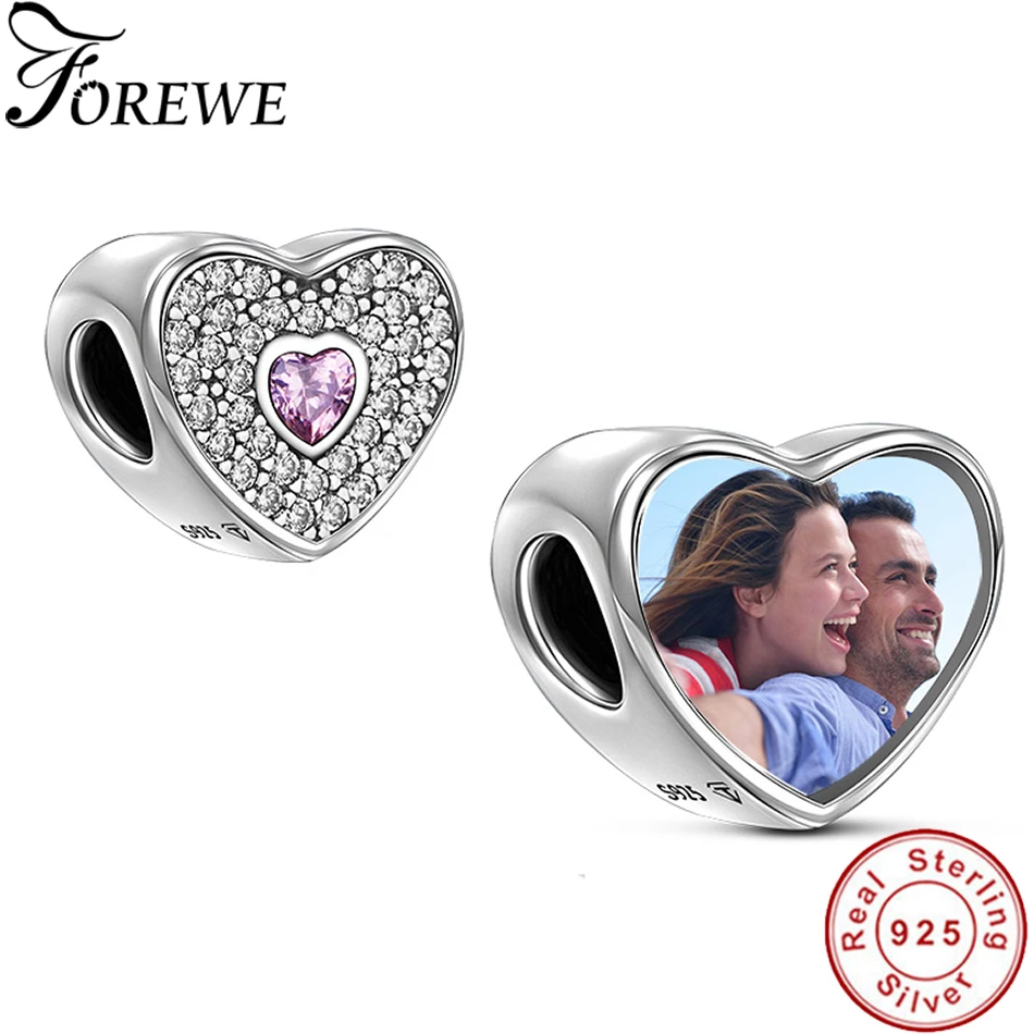 Personalized Custom Photo Name 925 Sterling Silver Love Heart Zircon Charms Fit Original Pandora