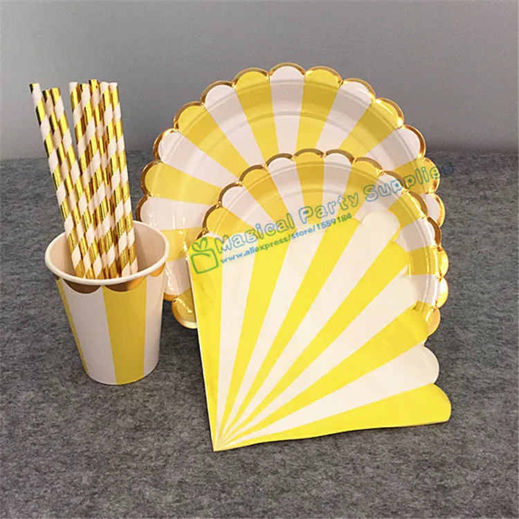 

8 Sets Yellow Gold Party Tableware Paper Plates Cake Dishes Lemonade Party Sunshine Birthday Party Napkins Scallop Foil Gold Cup