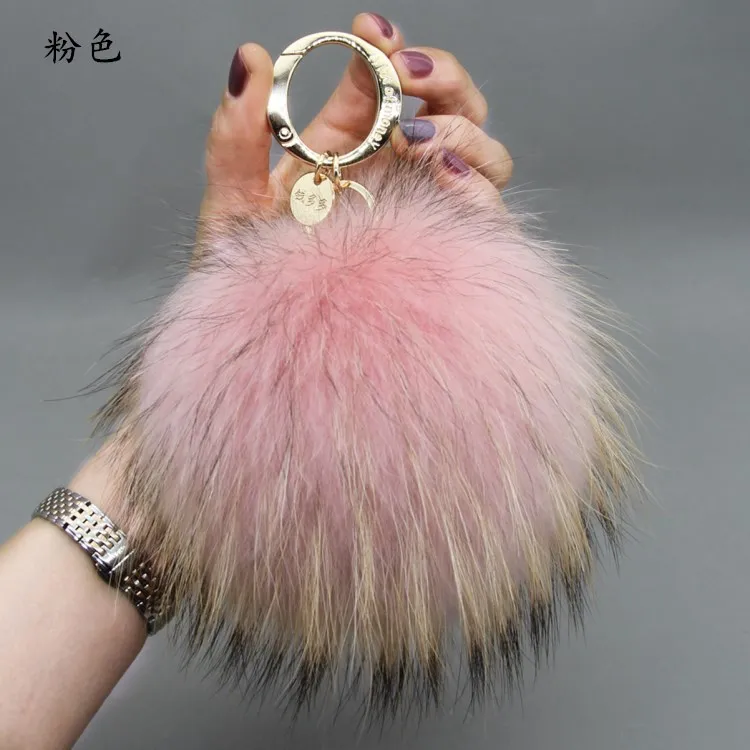 Роскошный бренд 15 см Пушистый натуральный шарик из меха лисы помпоны меховой помпон шар брелок для автомобиля брелок металлическое Кольцо Подвеска для женщин F281 - Цвет: baby pink