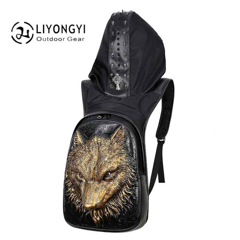 New Personality 3D wolf PU Leather backpack Men's Travel Bag Male Large