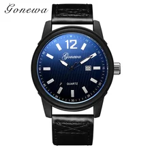 Gonewa Brand Fashion Men Watches Casual Sport Leather Black Dial Simple Quartz Wristwatch Luxury Army Men Dress Business Watch