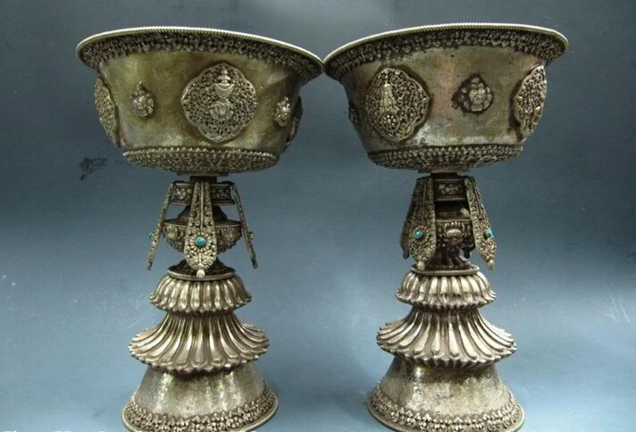 

S0671 14 Tibet Buddhism Bronze Copper silver-gilt Butter lamps candleholder Pair D0318
