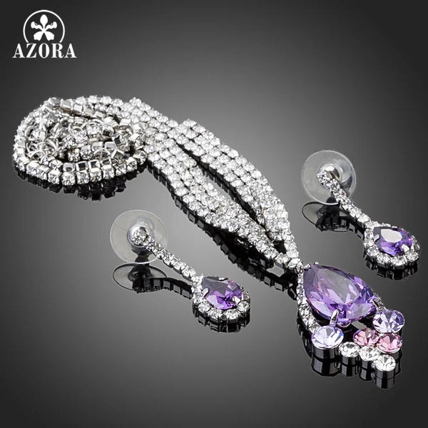 AZORA Elegant Purple Cubic Zirconia Water Drop Pendant Necklace and Earrings Jewelry Sets TG0164