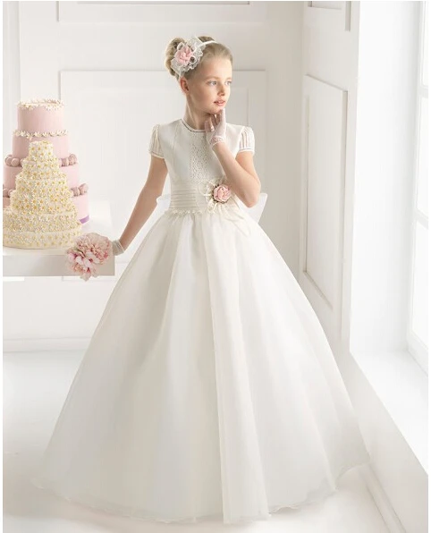 Cheap Baby Flower Girls Dresses Short Sleeve Zipper Floor Length Organza Ball Gown Flower Custom Made Little Girls Gowns