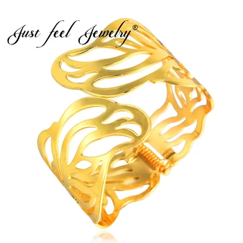 

JUST FEEL 5CM Width Gold Color Leaf Openable Metal Bracelet for Women Ethiopian Jewelry African Bangle Arab Dubai Wedding Gifts