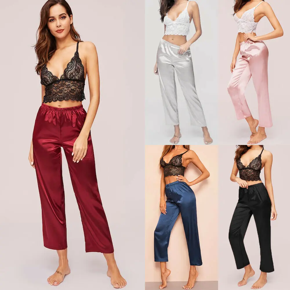 

2019 Women Silk Satin Strap Sexy Transparent Lace Bra Top & Satin Pants Summer Sleepwear Lingerie Babydoll Nightwear Pajamas Set