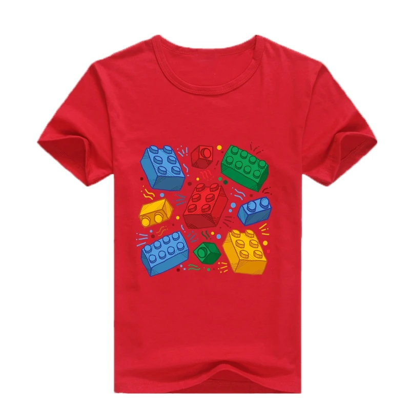 ZSIIBO/футболка для мальчиков, цветной костюм для девочек, летние футболки с короткими рукавами и принтом строительных блоков, топы для детей, детская одежда, CX6L144 - Цвет: Hong