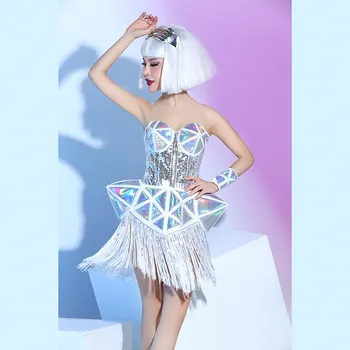 

Z09 Silver mirror costumes tassel bodysuit stage singer dresses model performance wears clothe party outfit bikini sexy skirt