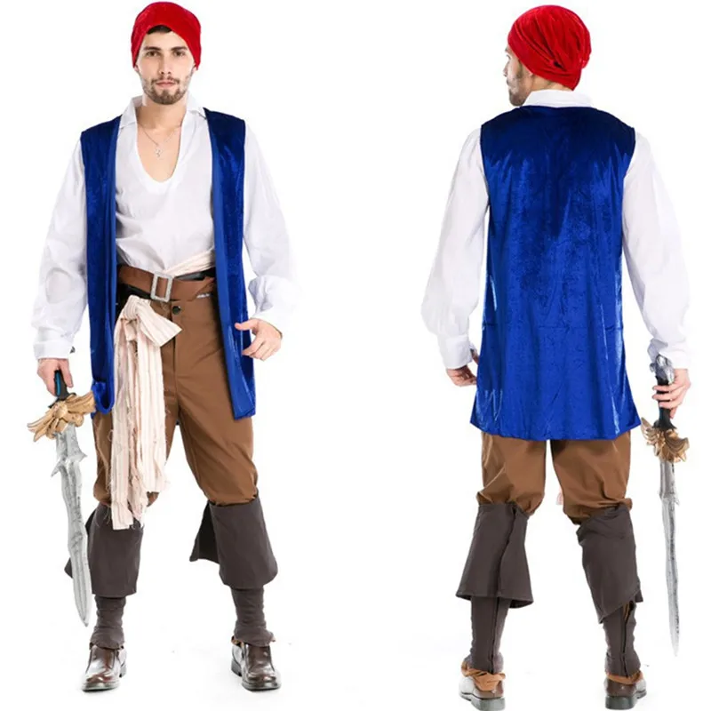 Nový styl Modrý snímek Piráti z Halloweenu Pánské kostýmy Kapitán Jack Role hra Piráti Maškarní kostým Cosplay Vysoká kvalita