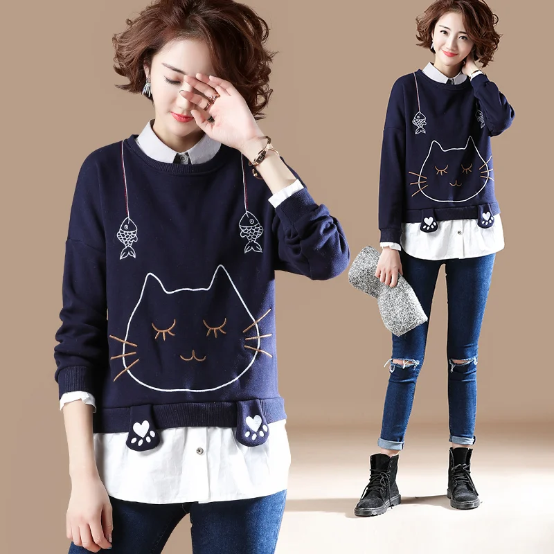 Милый мультяшный Кот Вышивка плюс бархат теплые кофты зимние женские Элегантный Дизайн Kawaii поддельные две части Mori Girl пуловер