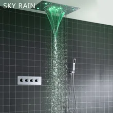 SKY RAIN Concealed Ceiling Waterfall Massage Shower Head Thermostatic Mixer LED Colorful Rainfall Shower Set hm 20 led shower head rainfall thermostatic shower set 6 massage body jets panel embedded ceiling 3 ways concealed