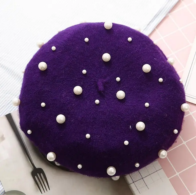 purple Шерсть Женские Зимние береты Роскошные Жемчужные заклепки винтажные кашемировые женские теплые Vogue береты шапки для девушек плоская шапка берет для женщин - Цвет: purple
