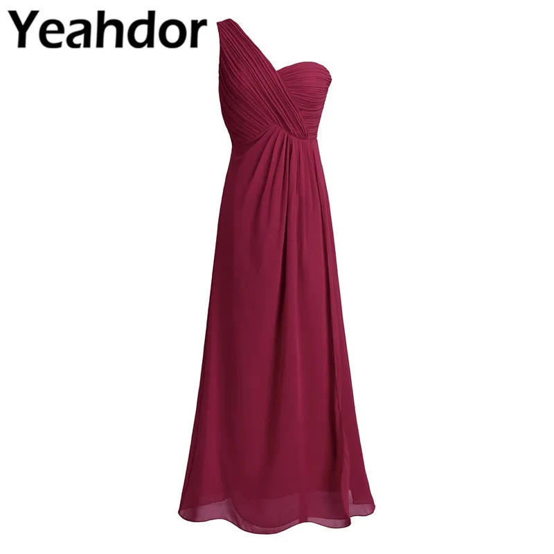 

Women Ladies One Shoulder Teal Pink Red Formal Occasion Vestidos Floor Length Chiffon Pleated Split Slit Bridesmaid Maxi Dress