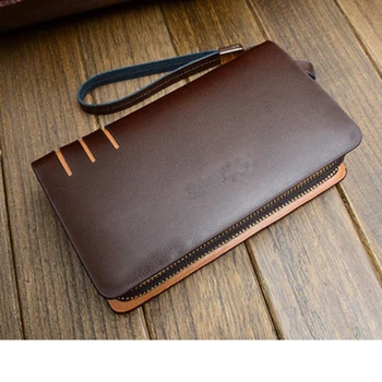 

Famous design Male business cluth bag mobile Phone Bag Genuine Leather Men Double Zipper Wallets Card Holder Wallet Car Key bag