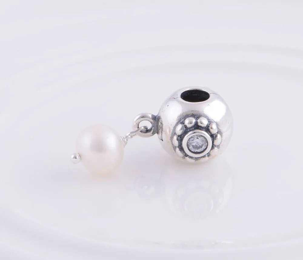 925 Sterling Silver White Pearl Drop Clip Pendant Charm Bead Fit