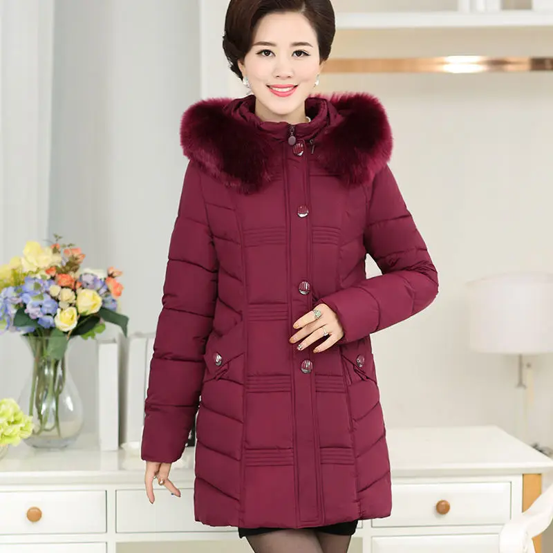 

Middle-Aged Hooded Fur Collar Down Cotton Winter Jacket Women Large Size Thicken Long Parka Women Abrigo Mujer Outerwear C4774