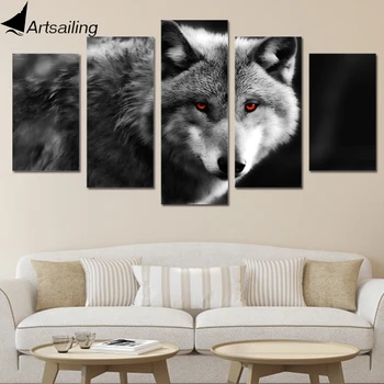 

HD Printed 5 piece canvas art red eye wolf painting wall canvas art framed artwork Free shipping/ny-4208