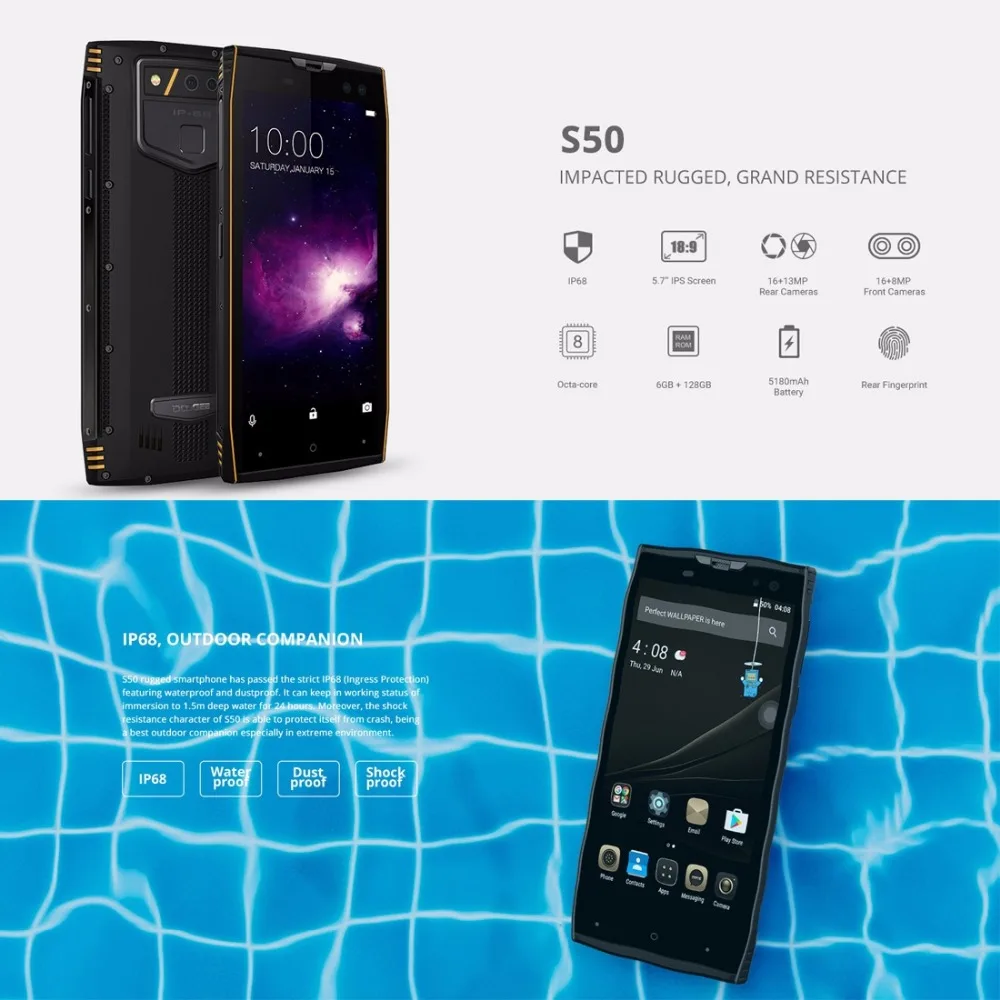 DOOGEE S50 IP68 Waterproof Smartphone 5 7 18 9 6GB 128GB MTK6763 Octa Core android 7