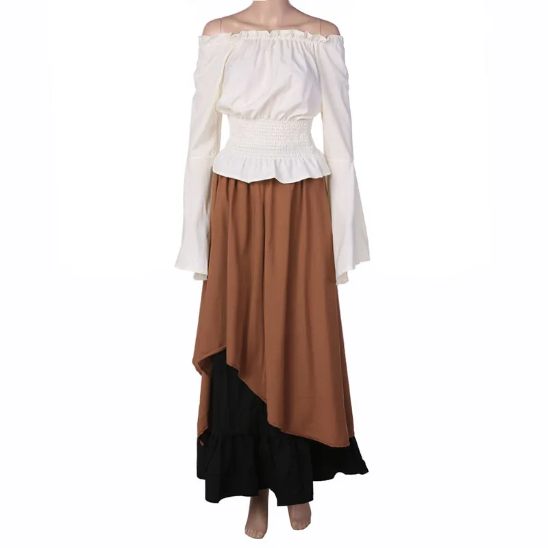 Coldker женский средневековый костюм Ренессанса с открытыми плечами укороченный Топ Юбка Асимметричный комплект для дам размера плюс s-xxl - Цвет: Шампанское