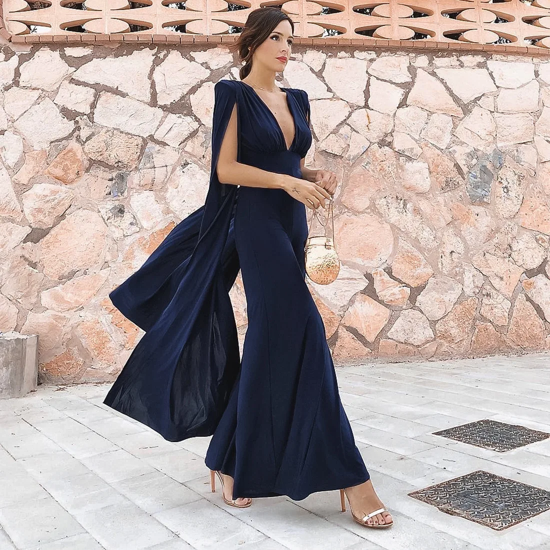 

2019 Women's Sexy V-collection Waist-trimmed Trousers and Jumpsuit Flare Pants Flat Elastic Waist Full Length Pants Women