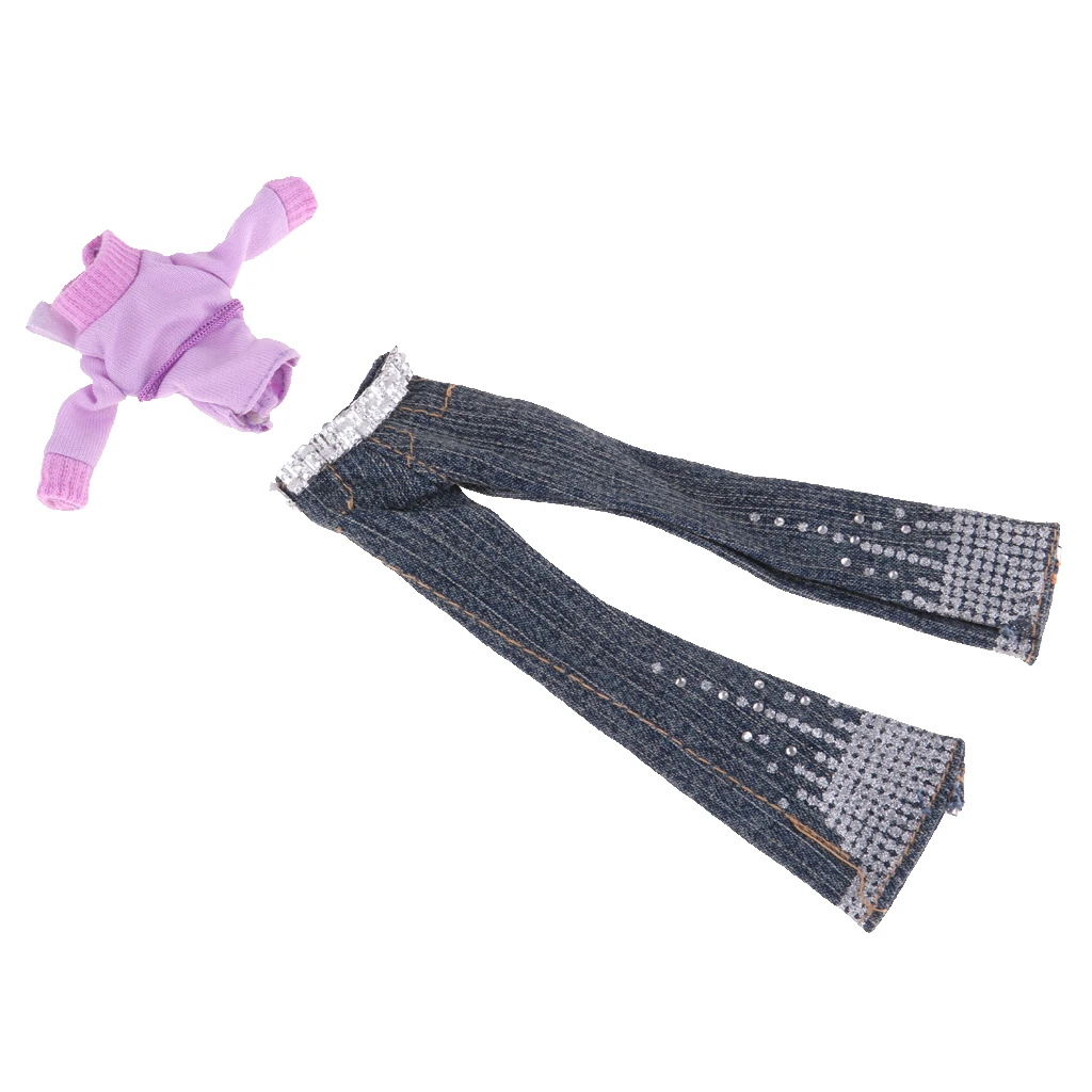 2pcs Doll Clothes Suit Purple Top & Denim Trouser For 1/6 Monster High Doll Accessories Doll Clothes Sets