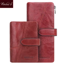 Contacter de Véritable peau de Vache En Cuir Femmes Portefeuilles Mode Bourse Titulaire de la Carte Vintage Portefeuille Long Embrayage Poignet Sac Carteira Feminina