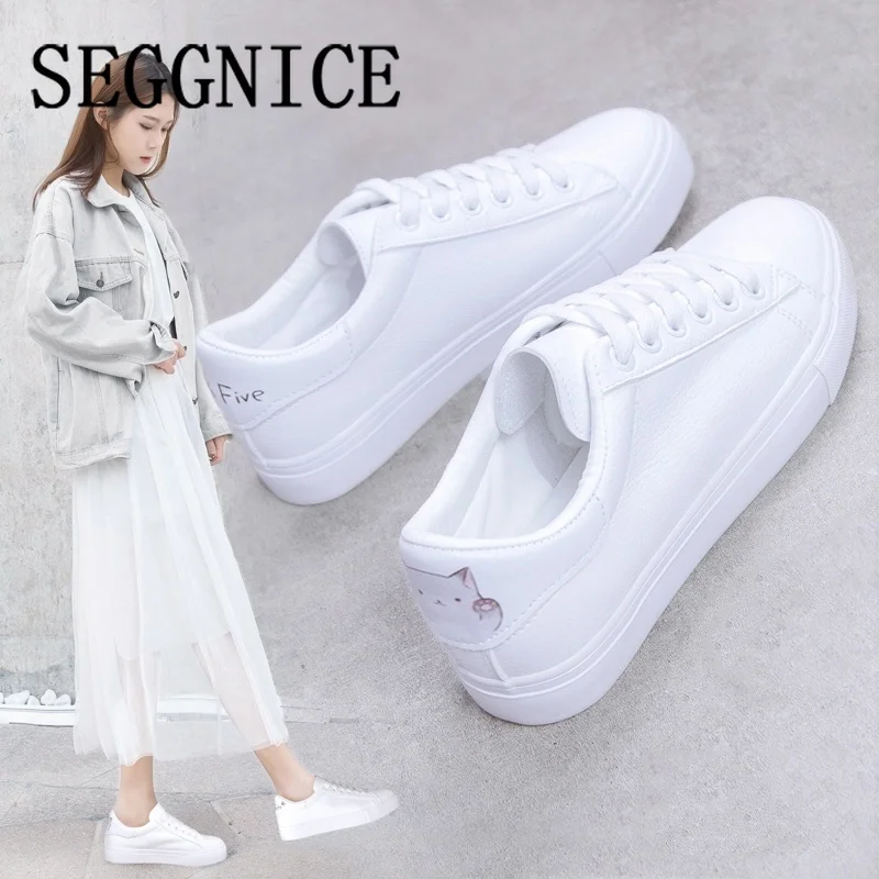 

2019 White Shoes Women's Fashion Shoes Flats Sneakers Running Sports Shoes Casual Fish Cat Print Platform Sapato Feminino Spring