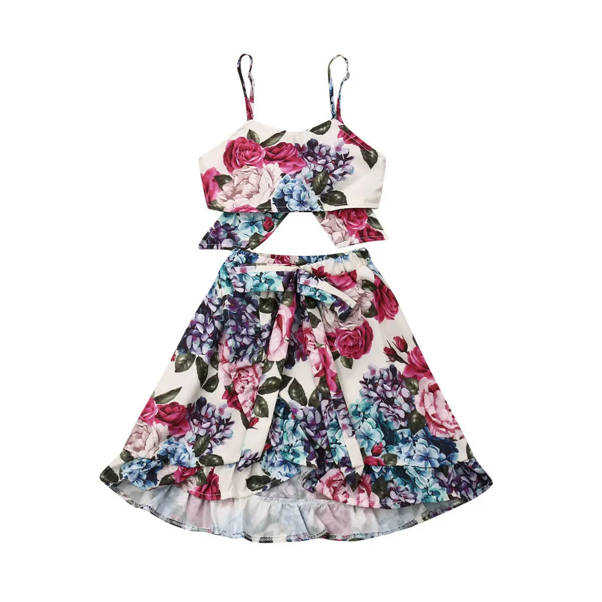 

2Pcs Kids Toddler Baby Girl Set Clothes Flowers Print Sleeveless Sling Tops+Ruffles A-Line Skirts Outfit 1-6Y