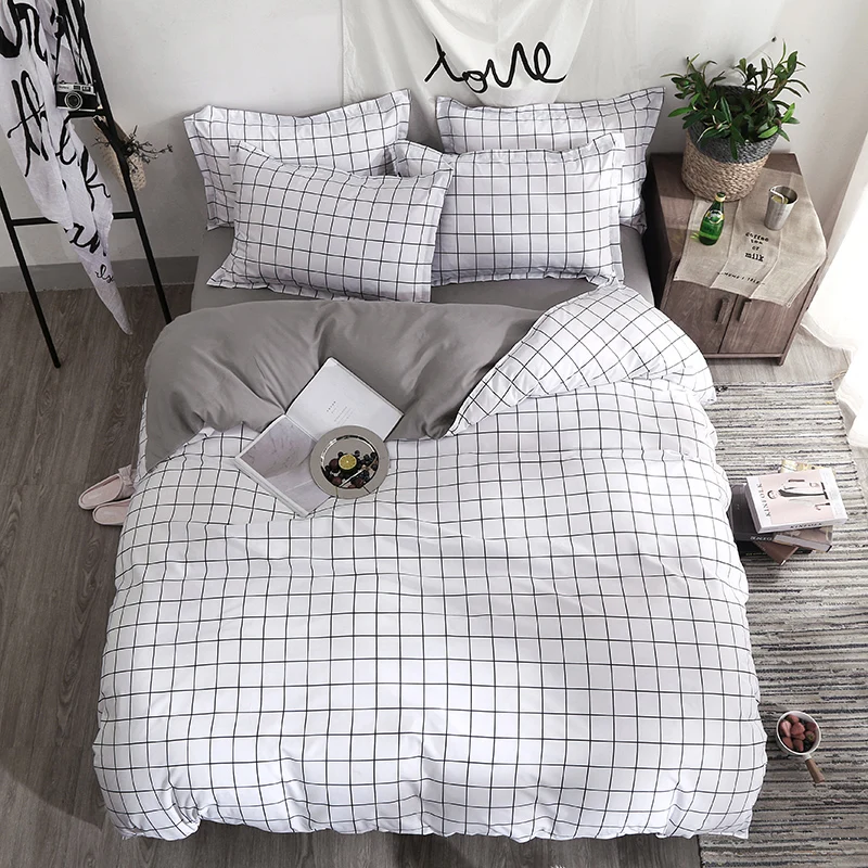 

Bedding Set Fashion duvet cover bed sheet Pillowcase Square stripes Home textile black White Gray combination bedclothes