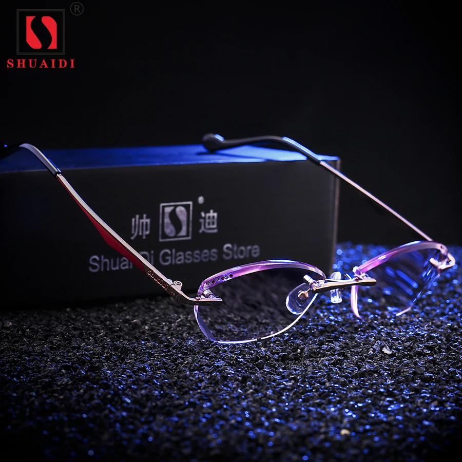

Fashion Women Rhinestone Rimless Reading Glasses High Clear Woman Purple Readers Presbyopic Eye Glasses