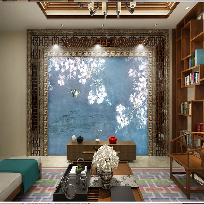 Hand painted Murals Chinese Style Flower Birds Wallpaper Decorative