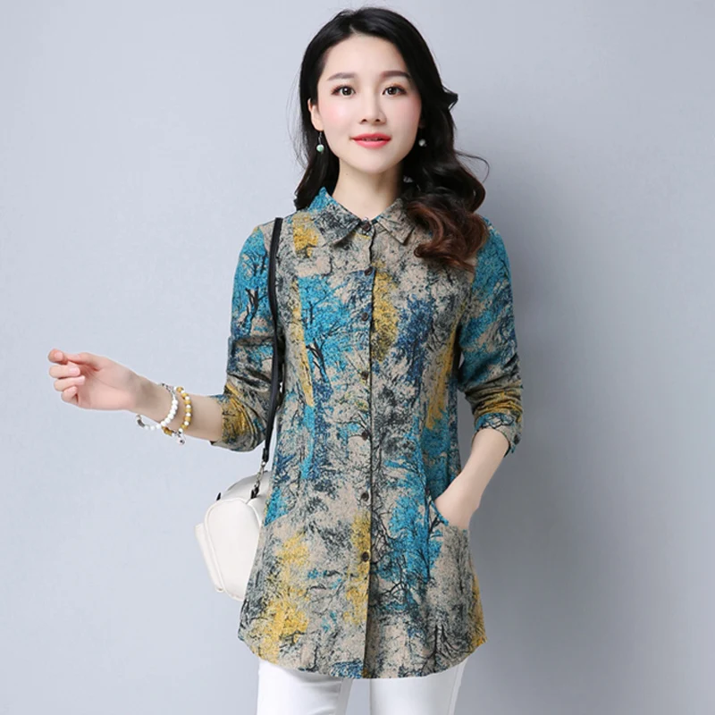  2020 New Spring Cotton Linen Women Blouse Casual Loose Long Sleeve Blouses Shirts Plus Size Floral 