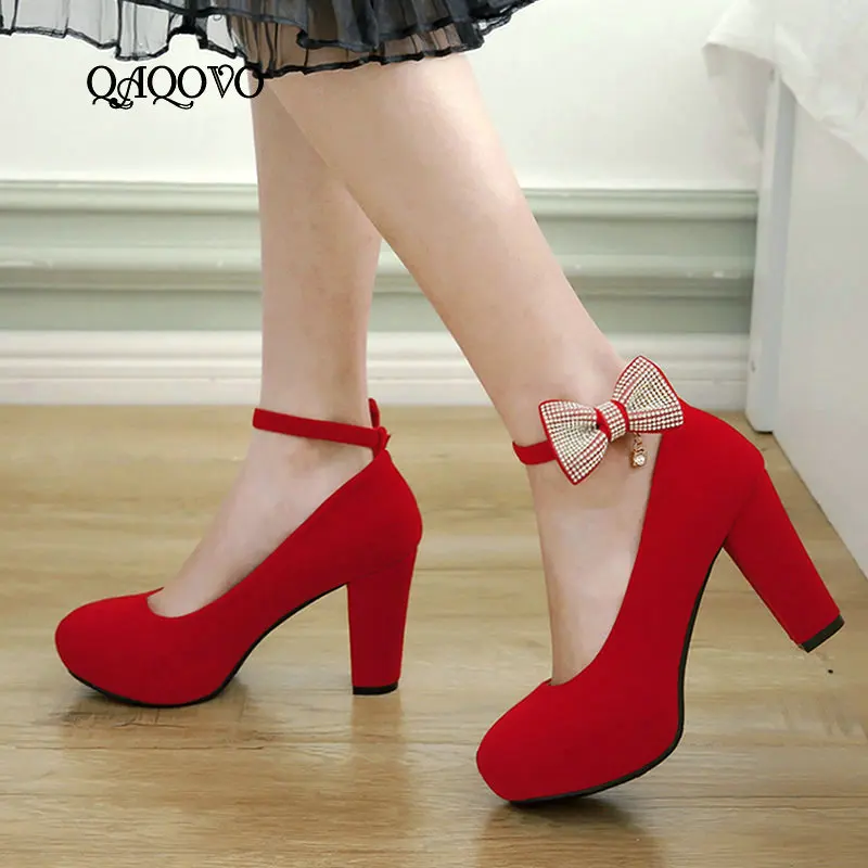 

2019 New Female Flock Platform High Heels Bow Knot Square High Heels Pumps Buckle Spring Autumn Shoes Blue Red Black