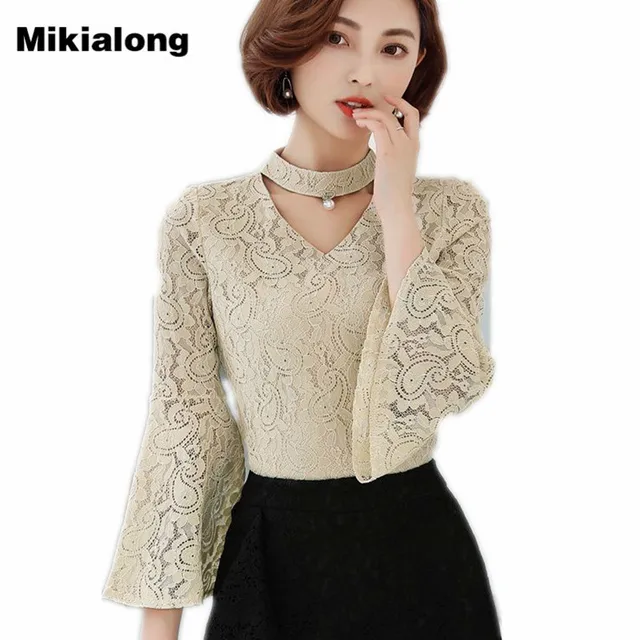 2017 New Fashion Summer Choker Lace Blouse Women Solid
