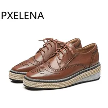 PXELENA/женские оксфорды из натуральной кожи в британском ретро-стиле; Туфли-броги на плоской подошве со шнуровкой и перфорацией; обувь в стиле дерби;