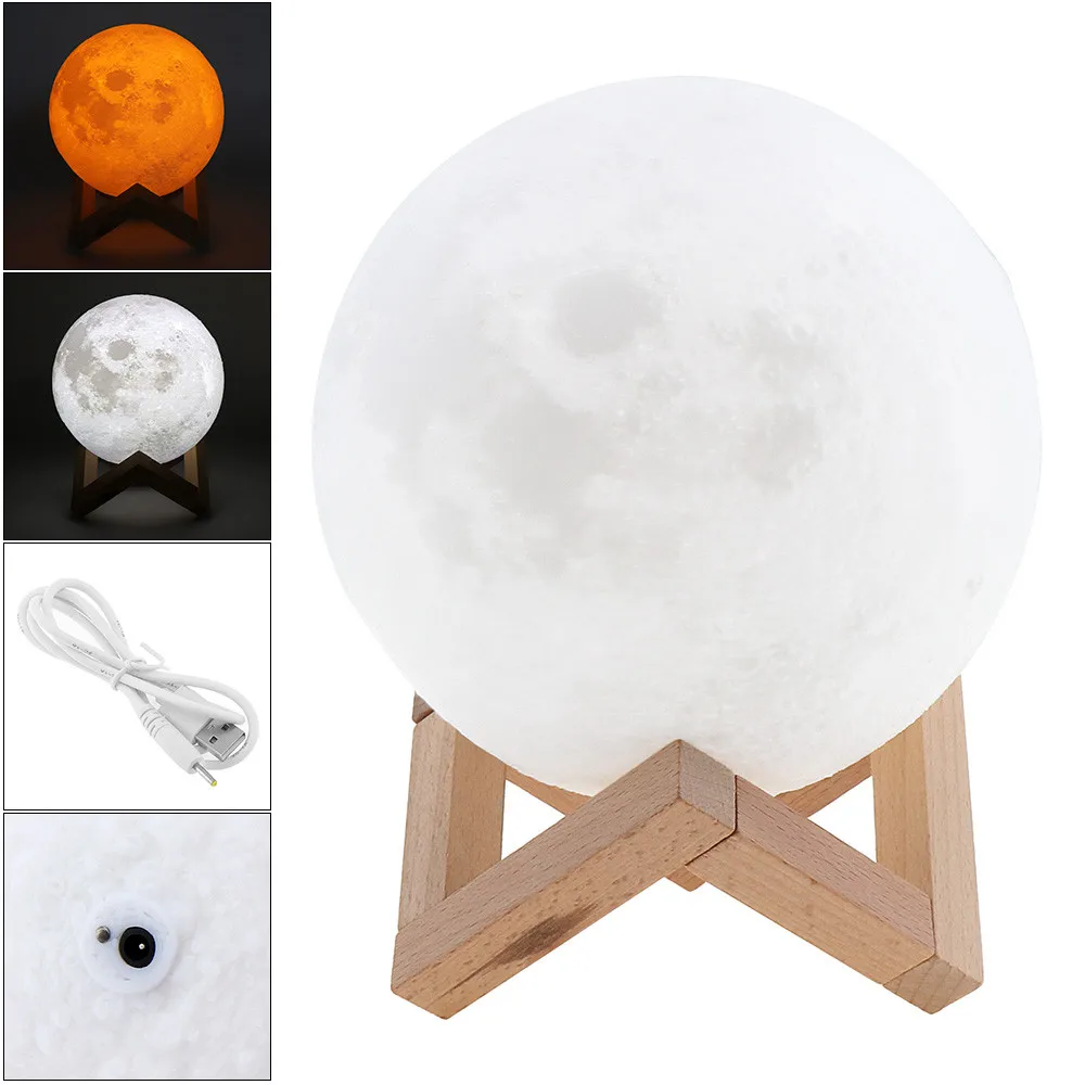 buy Rechargeable 3D Print Moon Lamp LED Night Light with 2 Color Change Touch Switch for Bedroom Bookcase Nightlight Home Decor