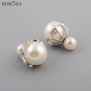 

BOROSA Design 5/10Pairs 92.5% Silver Color Double Pearl Stud Earrings Fashion 15x15mm Round Pearl Earrings Jewelry WX1157