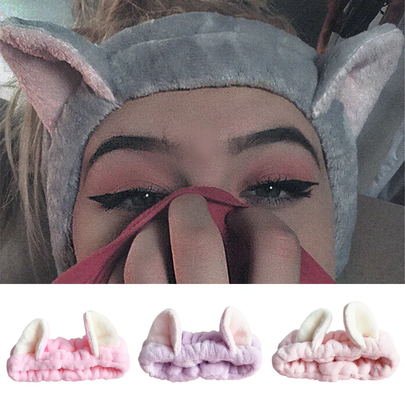 

2019 New Cute Flannel Shower Cat Ear Headband For Women Girls Wash Face Makeup Hairband Elastic Soft Turban Hair Accessories