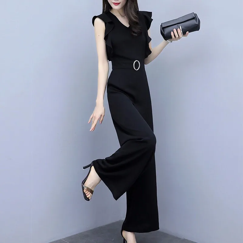 Elegant Office Lady Black Belted Wide Leg Jumpsuit Solid Women Summer Sexy Deep V Neck Jumpsuit Skinny Ruffle Jumpsuit One Piece Elegant Office Lady Black Belted Wide Leg Jumpsuit Solid Women Summer Sexy Deep V Neck Jumpsuit Skinny Ruffle Jumpsuit One Piece