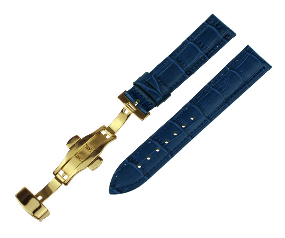 

Blue Wristwatch WatchBand Crocodile Grain Leather Strap Gold Push Buckle 12mm 14mm 16mm 18mm 20mm 24mm