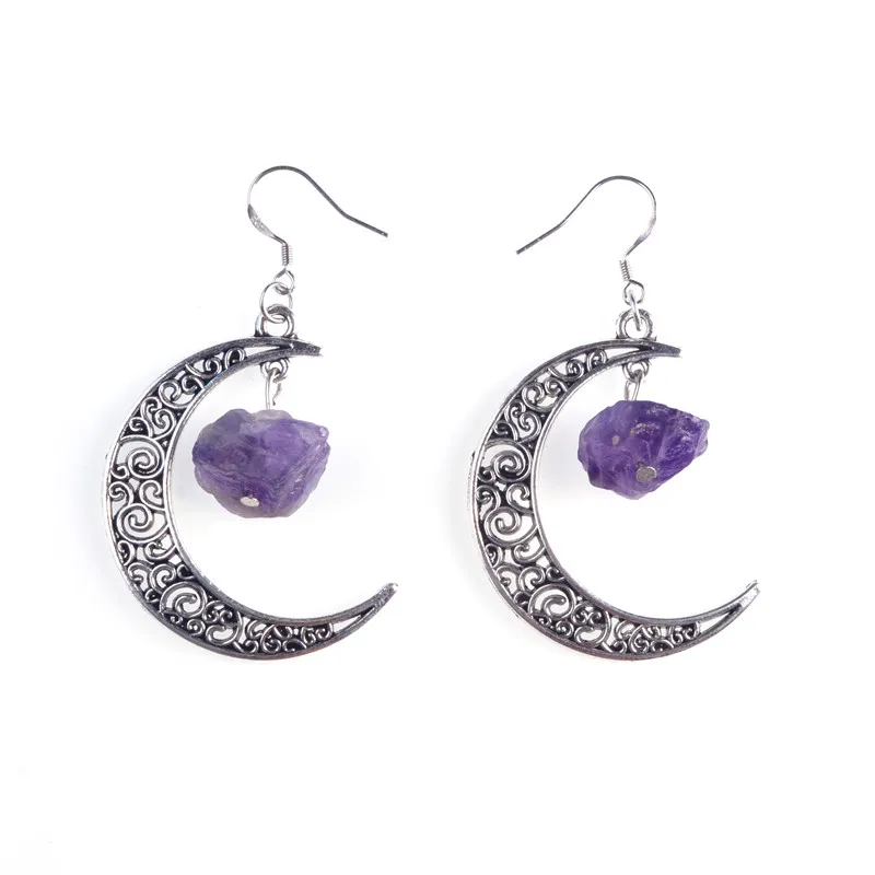 Vintage Crescent Moon Raw Natural Stone Drop Earrings Fluorite Quartz Hollow Dangel Earrings Women brincos